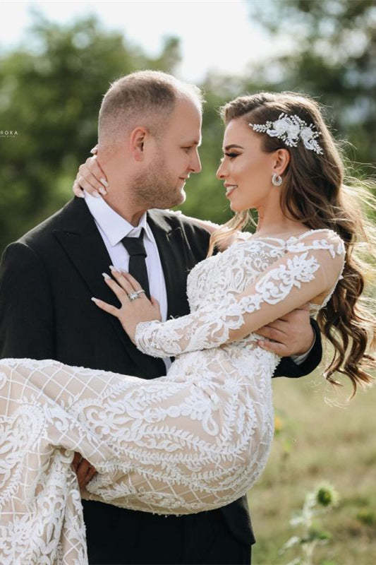 Illusion Long-Sleeve Mermaid Lace Wedding Gown with Sheer Applique