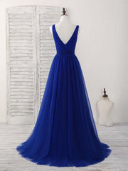 Elegant Royal Blue Tulle V-Neck Long Prom Dress for Bridesmaids and Evenings