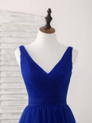 Elegant Royal Blue Tulle V-Neck Long Prom Dress for Bridesmaids and Evenings