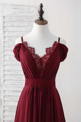 Elegant Burgundy Lace Chiffon Long Prom Dress Bridesmaid Gown for Weddings