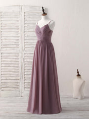 Elegant V-Neck Chiffon Bridesmaid Dress: Simple Long Prom Gown in Dark Pink