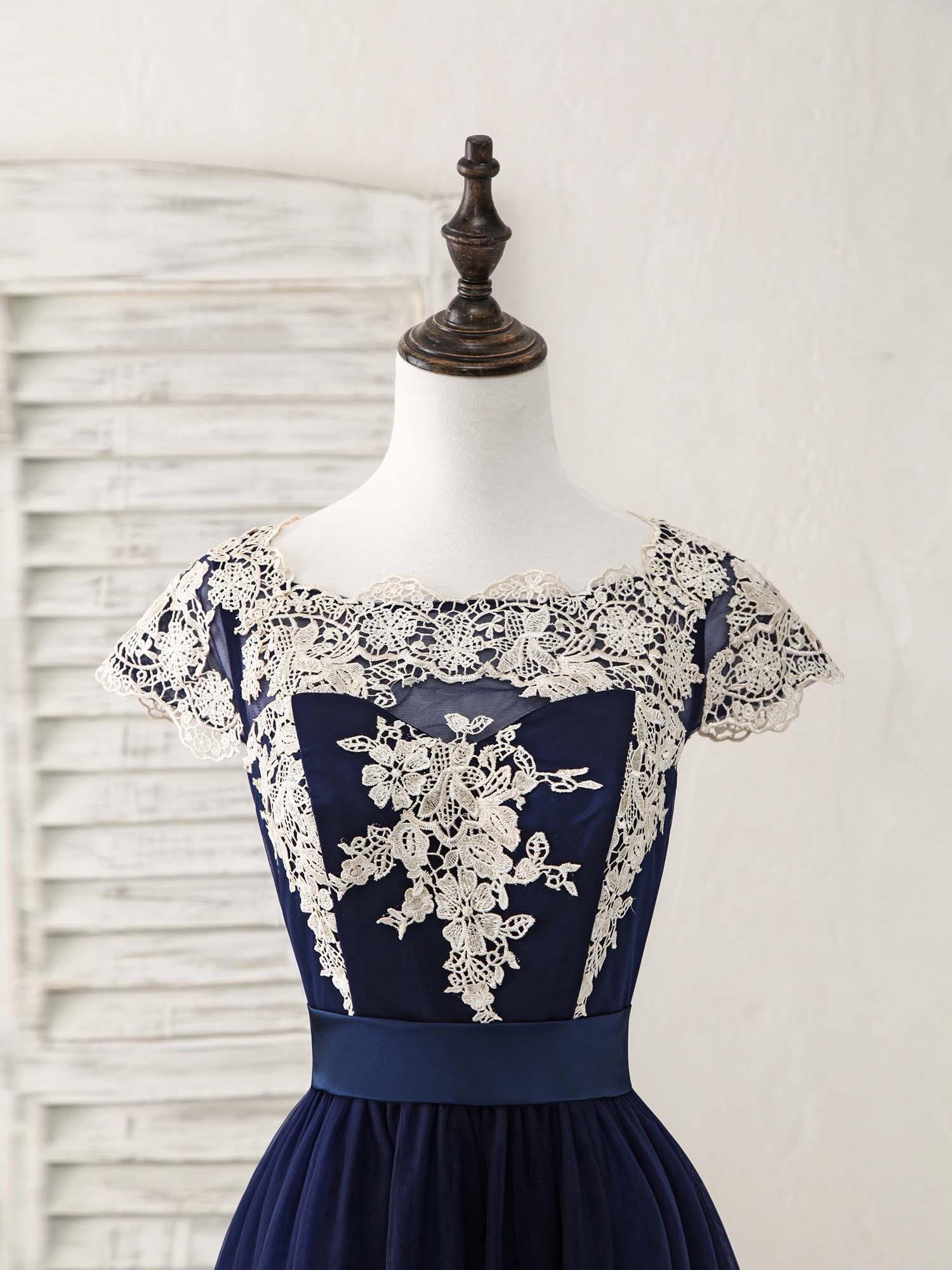 Elegant Dark Blue Tulle Lace Applique High-Low Prom Dress for Special Occasions