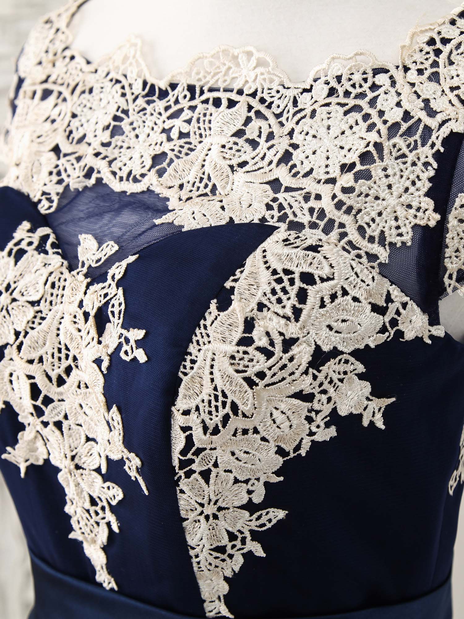 Elegant Dark Blue Tulle Lace Applique High-Low Prom Dress for Special Occasions
