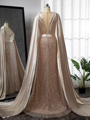 Elegant Pink Beaded Mermaid Evening Gown with Detachable Cape Sleeves
