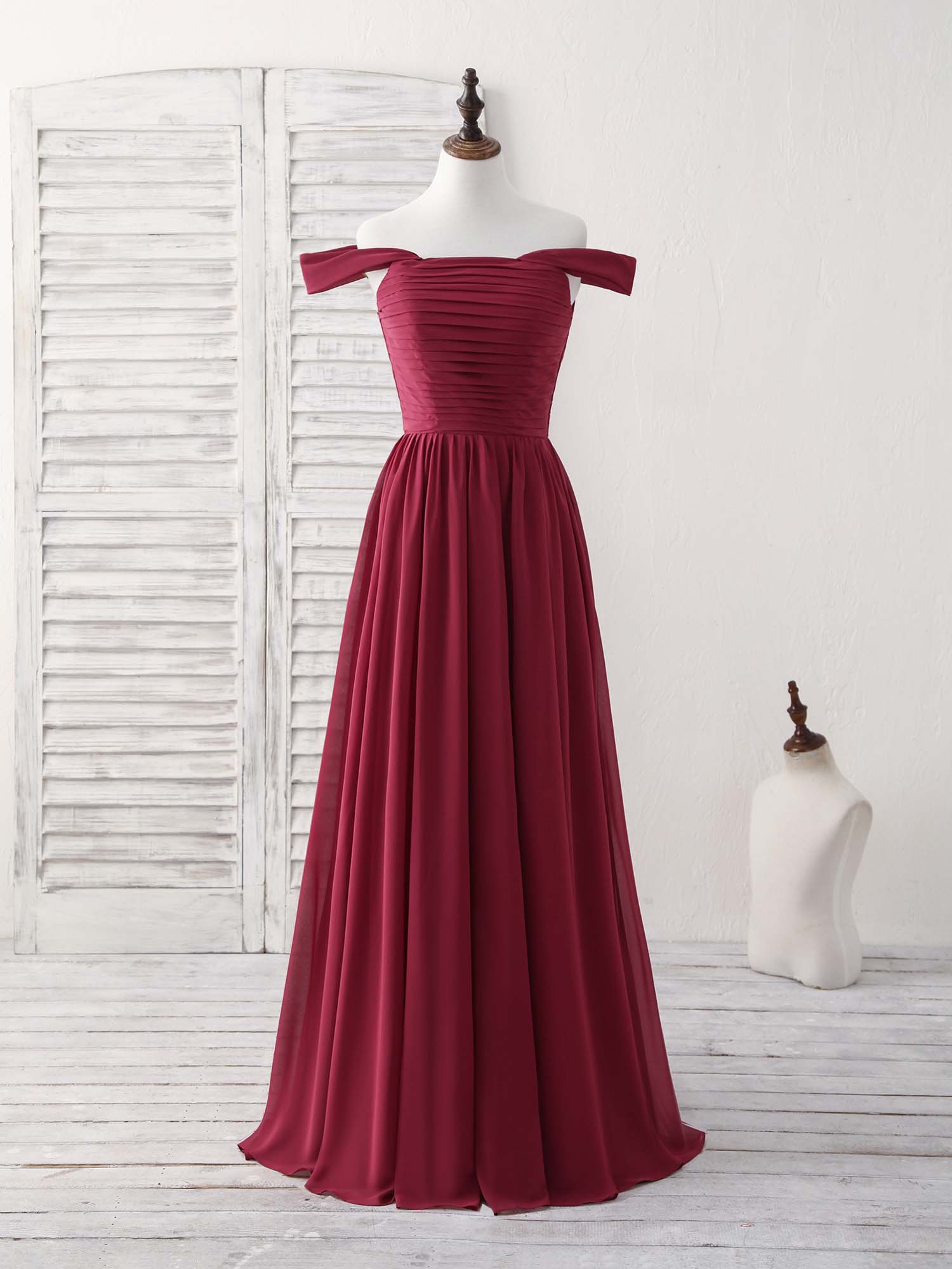 Elegant Burgundy Chiffon Off-Shoulder Long Prom Dress for Bridesmaids