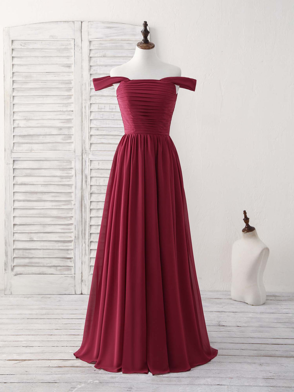 Elegant Burgundy Chiffon Off-Shoulder Long Prom Dress for Bridesmaids