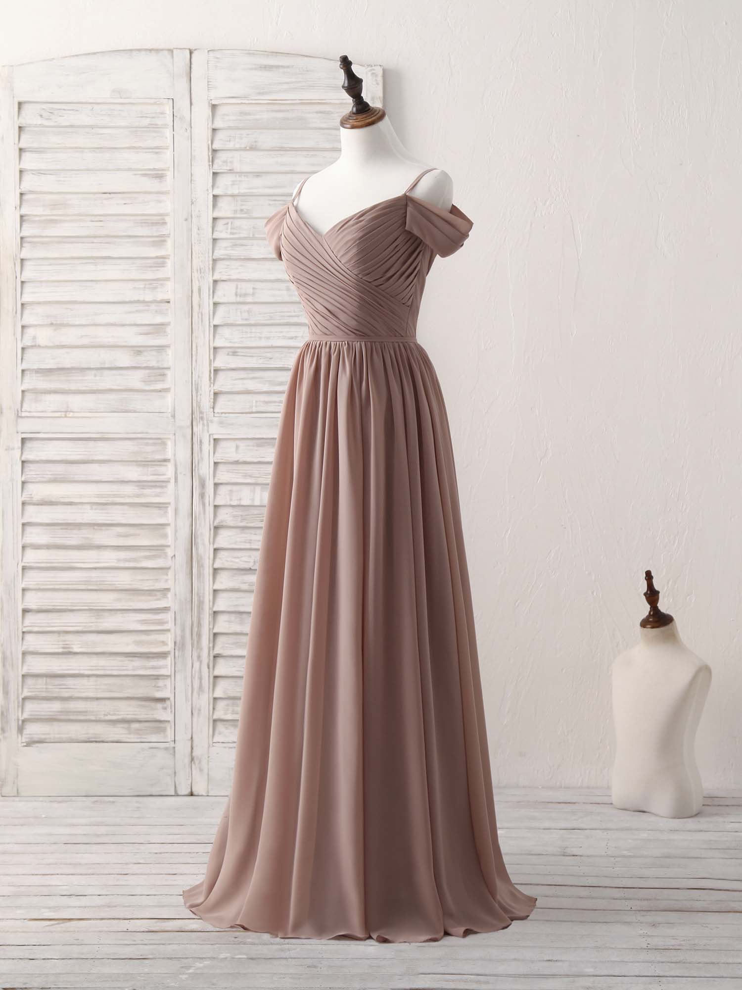 Elegant V-Neck Dark Champagne Chiffon Long Prom Bridesmaid Dress