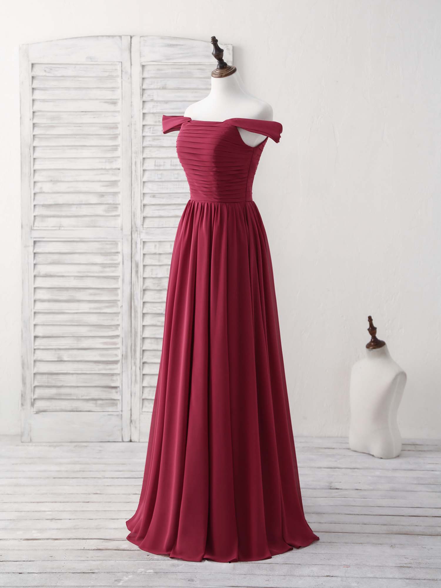 Elegant Burgundy Chiffon Off-Shoulder Long Prom Dress for Bridesmaids