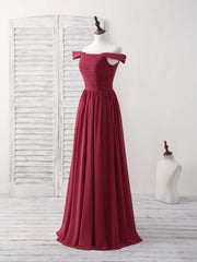 Elegant Burgundy Chiffon Off-Shoulder Long Prom Dress for Bridesmaids