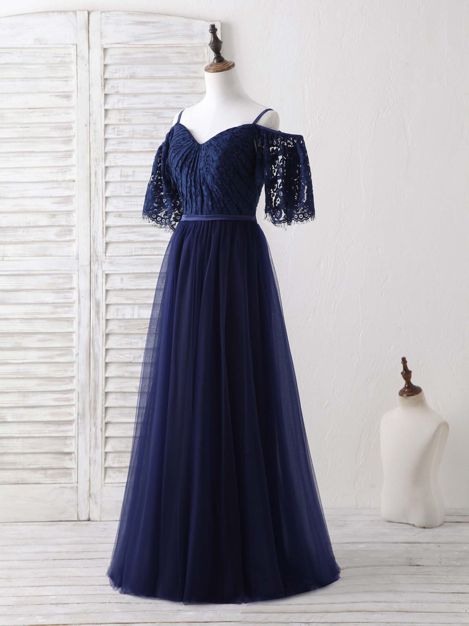 Elegant Dark Blue A-Line Lace Tulle Long Prom Dress Evening Gown