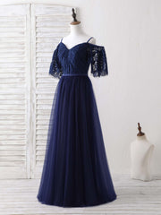 Elegant Dark Blue A-Line Lace Tulle Long Prom Dress Evening Gown