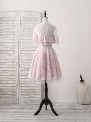 Elegant Pink Round Neck Lace Tulle Short Prom Dress for Homecoming Events