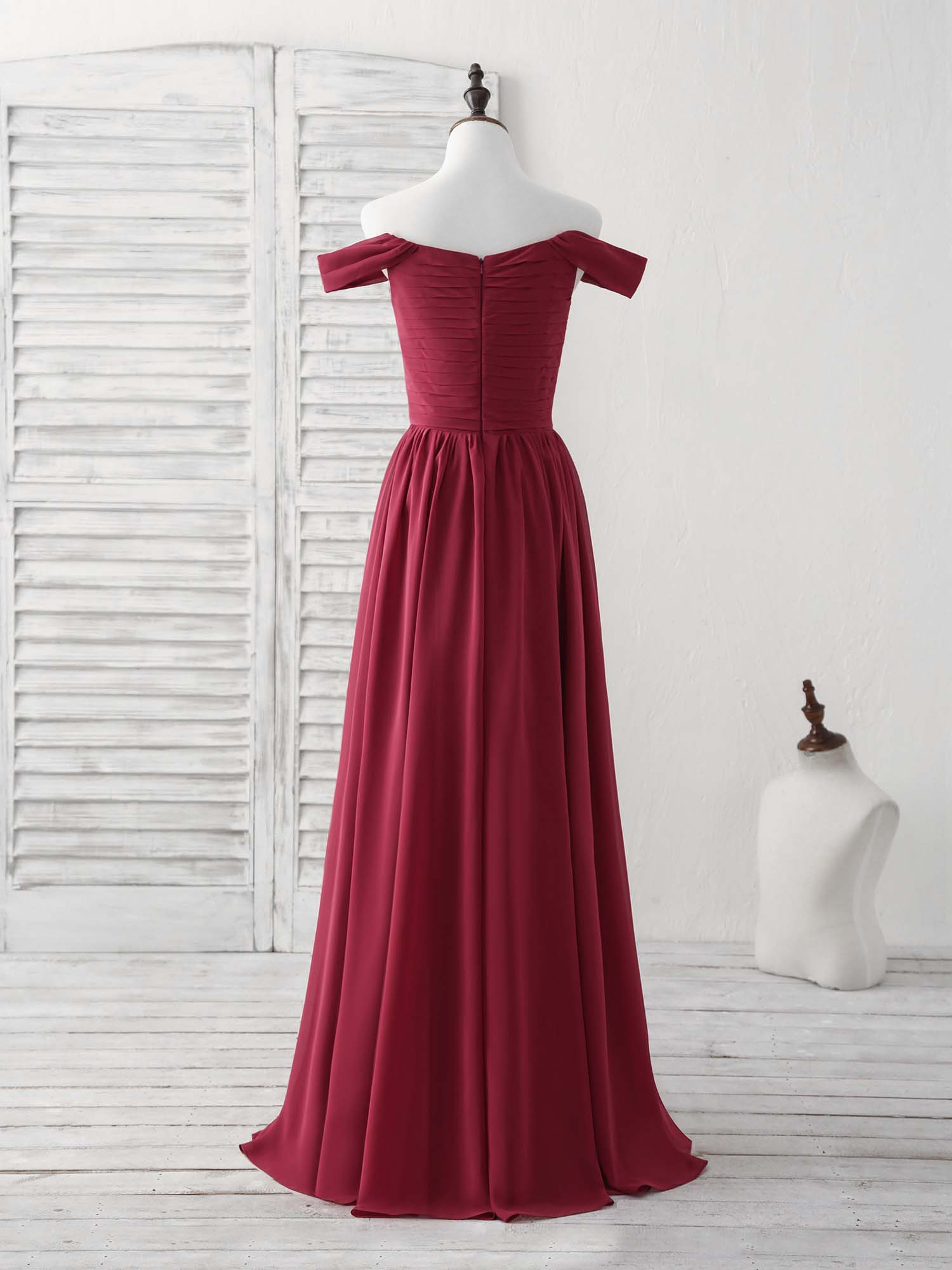 Elegant Burgundy Chiffon Off-Shoulder Long Prom Dress for Bridesmaids