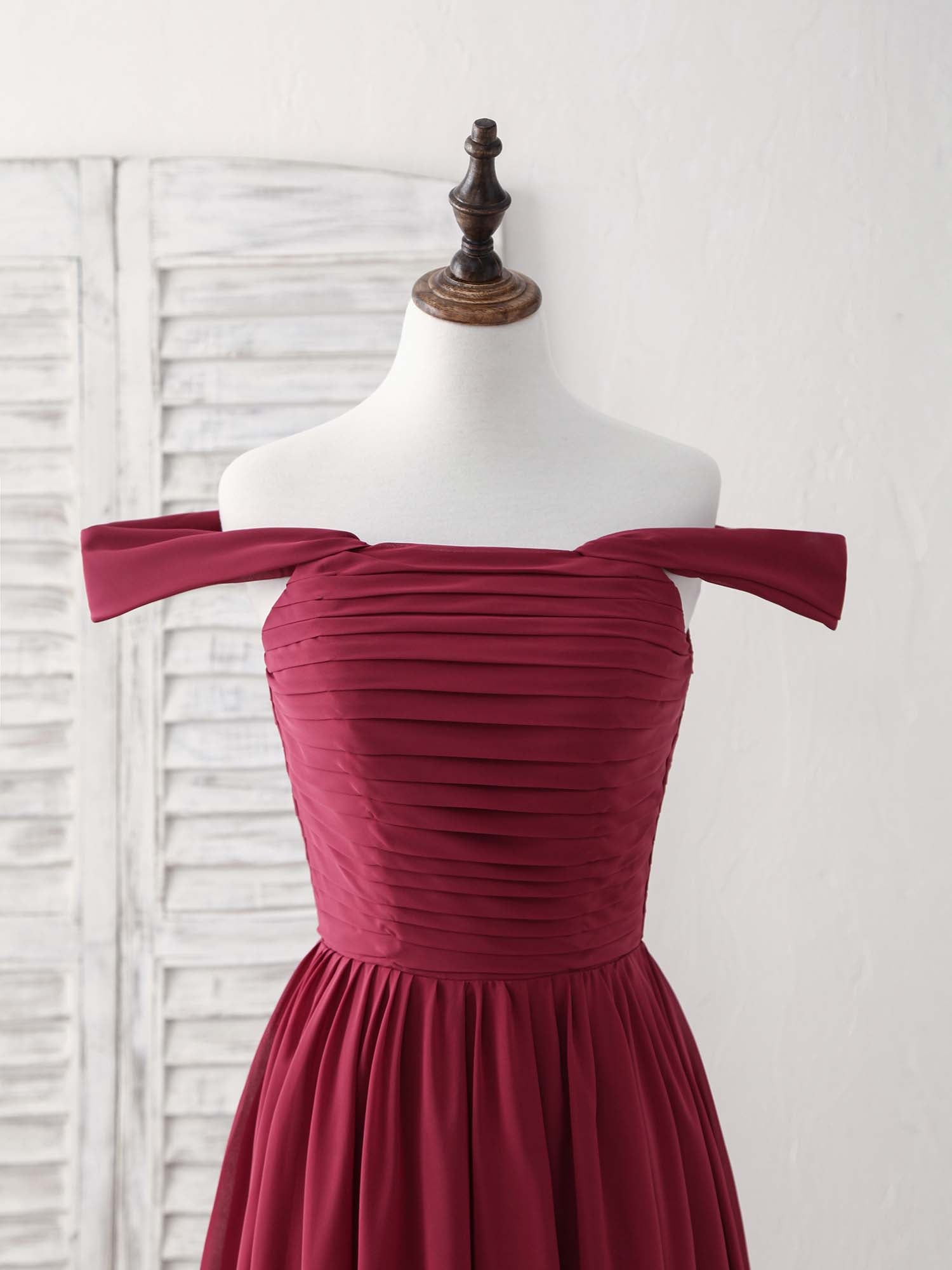 Elegant Burgundy Chiffon Off-Shoulder Long Prom Dress for Bridesmaids