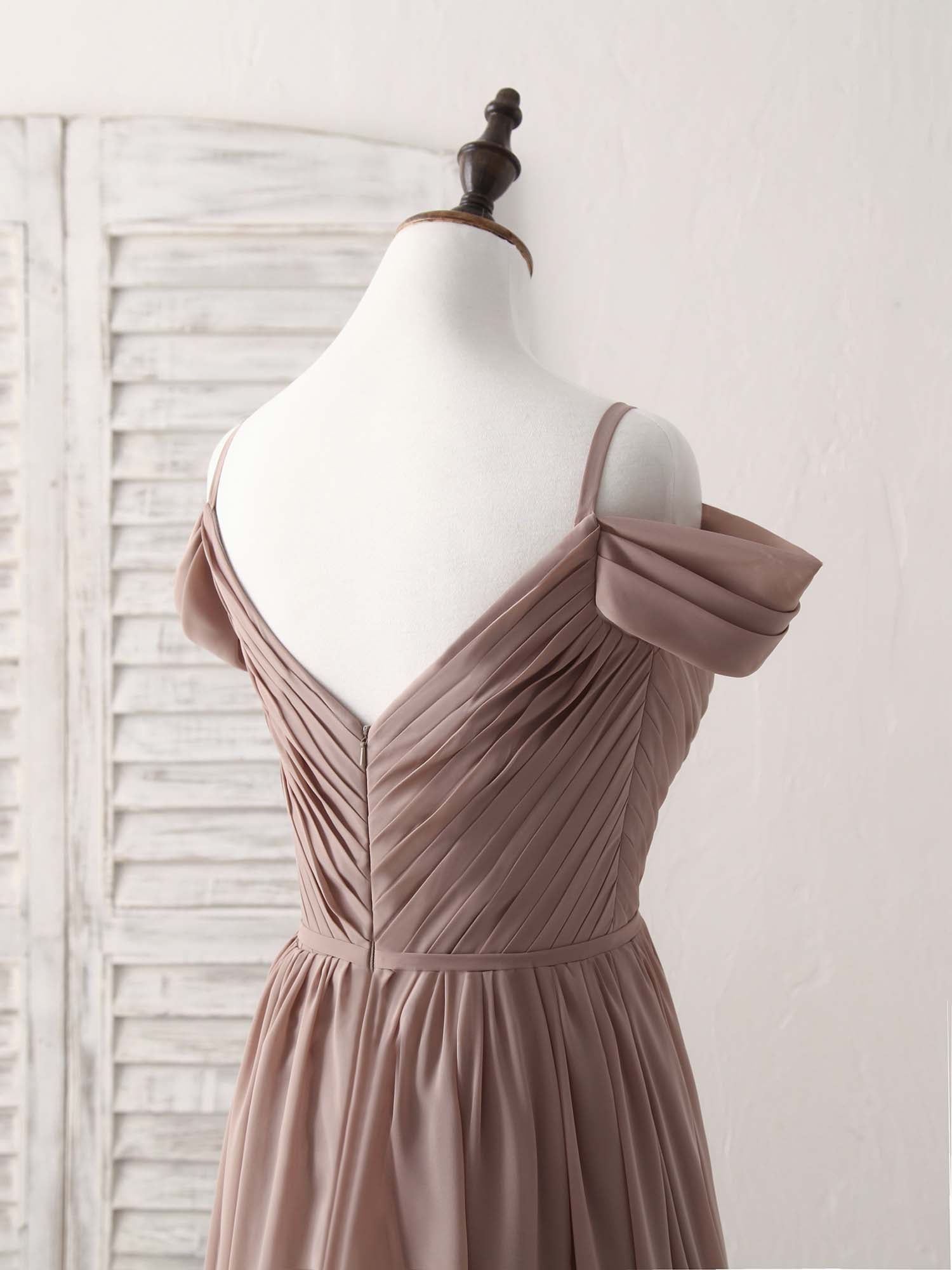 Elegant V-Neck Dark Champagne Chiffon Long Prom Bridesmaid Dress