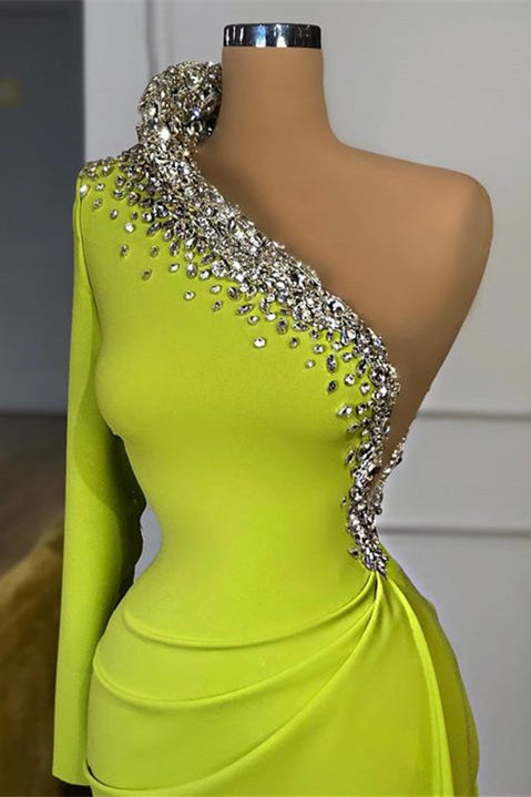 Enchanting Green One-Shoulder Mermaid Gown: Beaded Long Sleeve Prom Dress