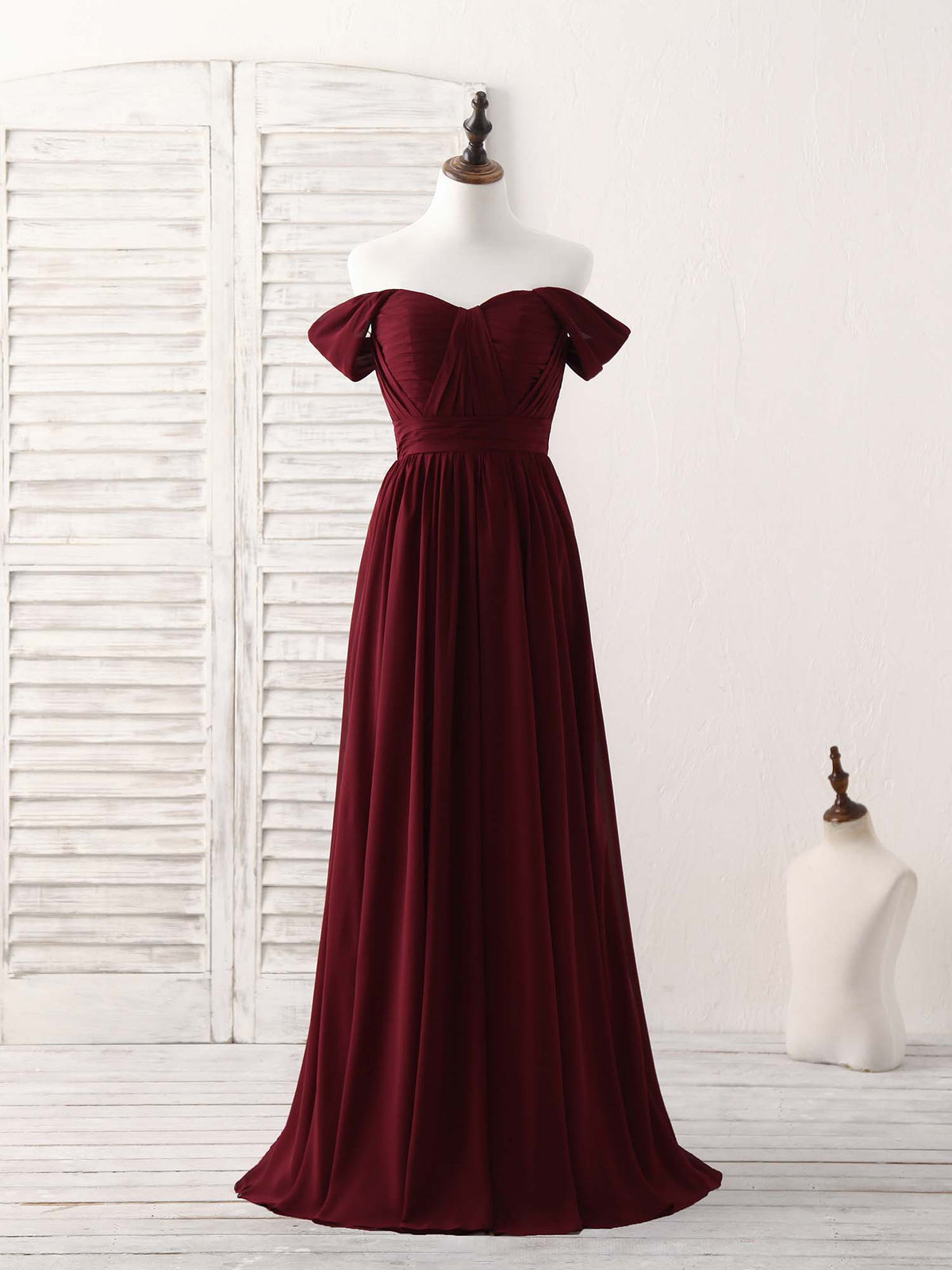 Elegant Burgundy Chiffon Off-Shoulder Long Prom Dress Bridesmaid Gown
