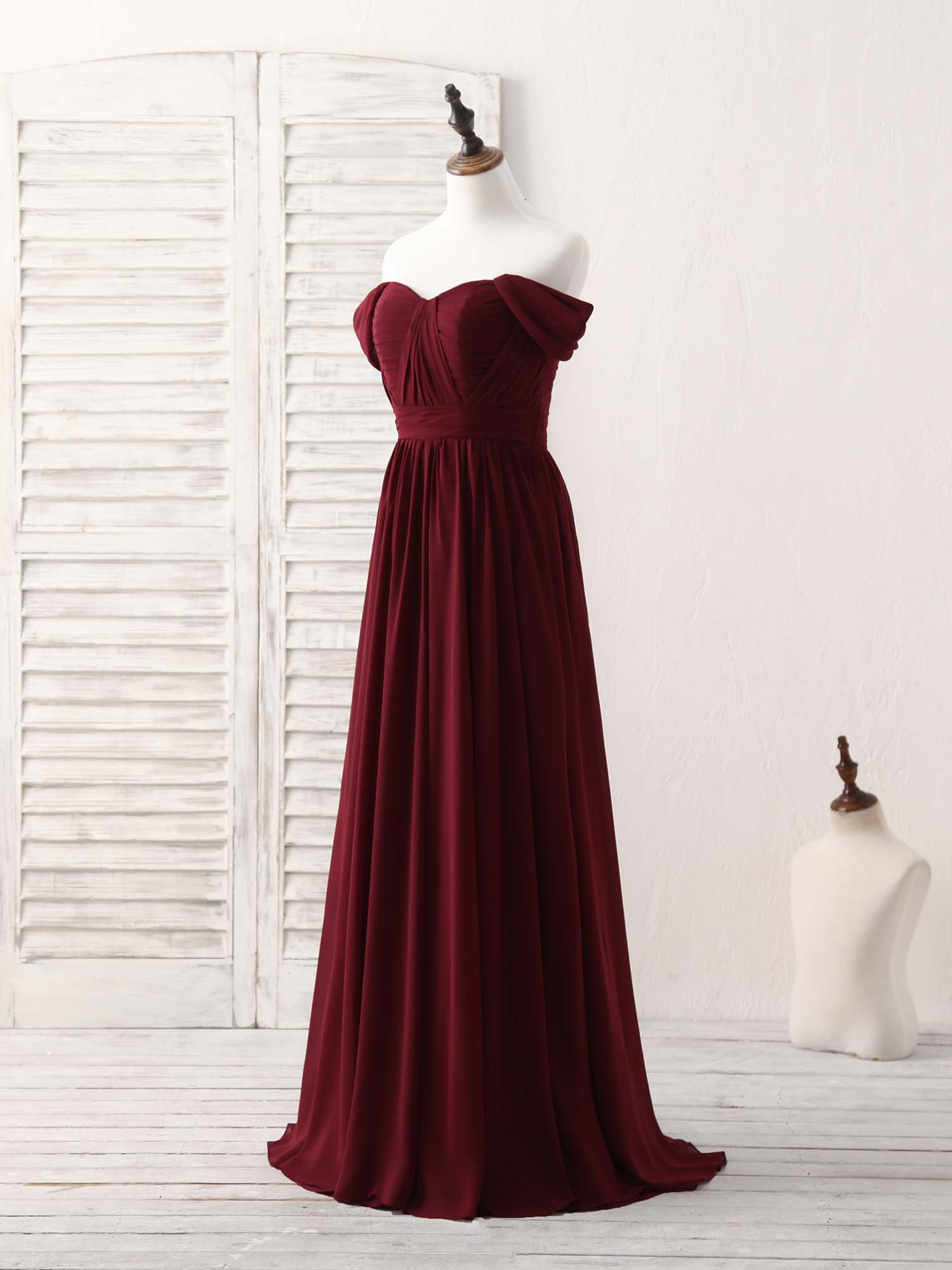 Elegant Burgundy Chiffon Off-Shoulder Long Prom Dress Bridesmaid Gown