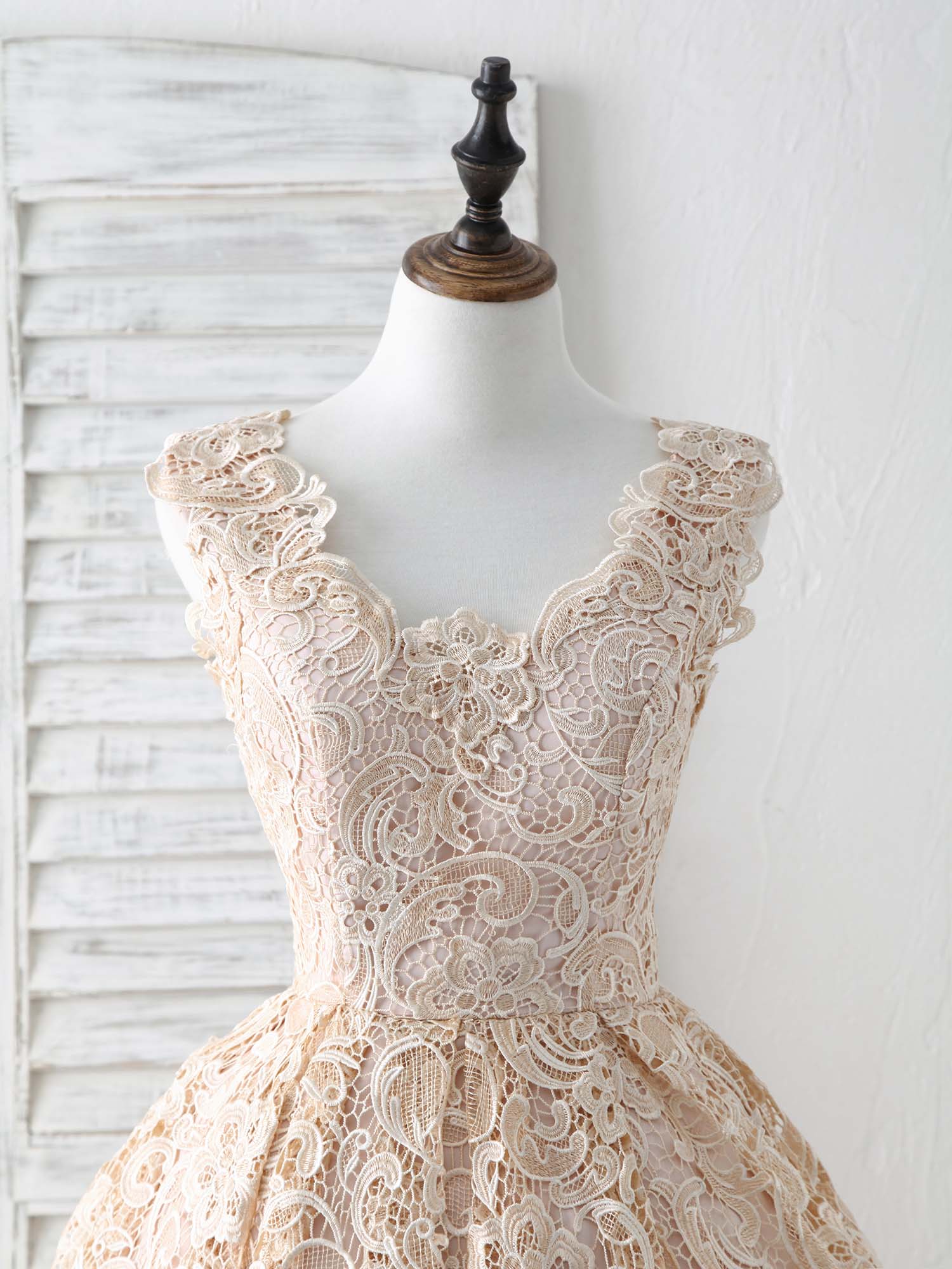 Elegant V-Neck Lace Champagne Short Prom Dress Bridesmaid Party Gown
