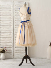 Elegant Champagne Tulle Applique Short Prom Dress Bridesmaid Gown
