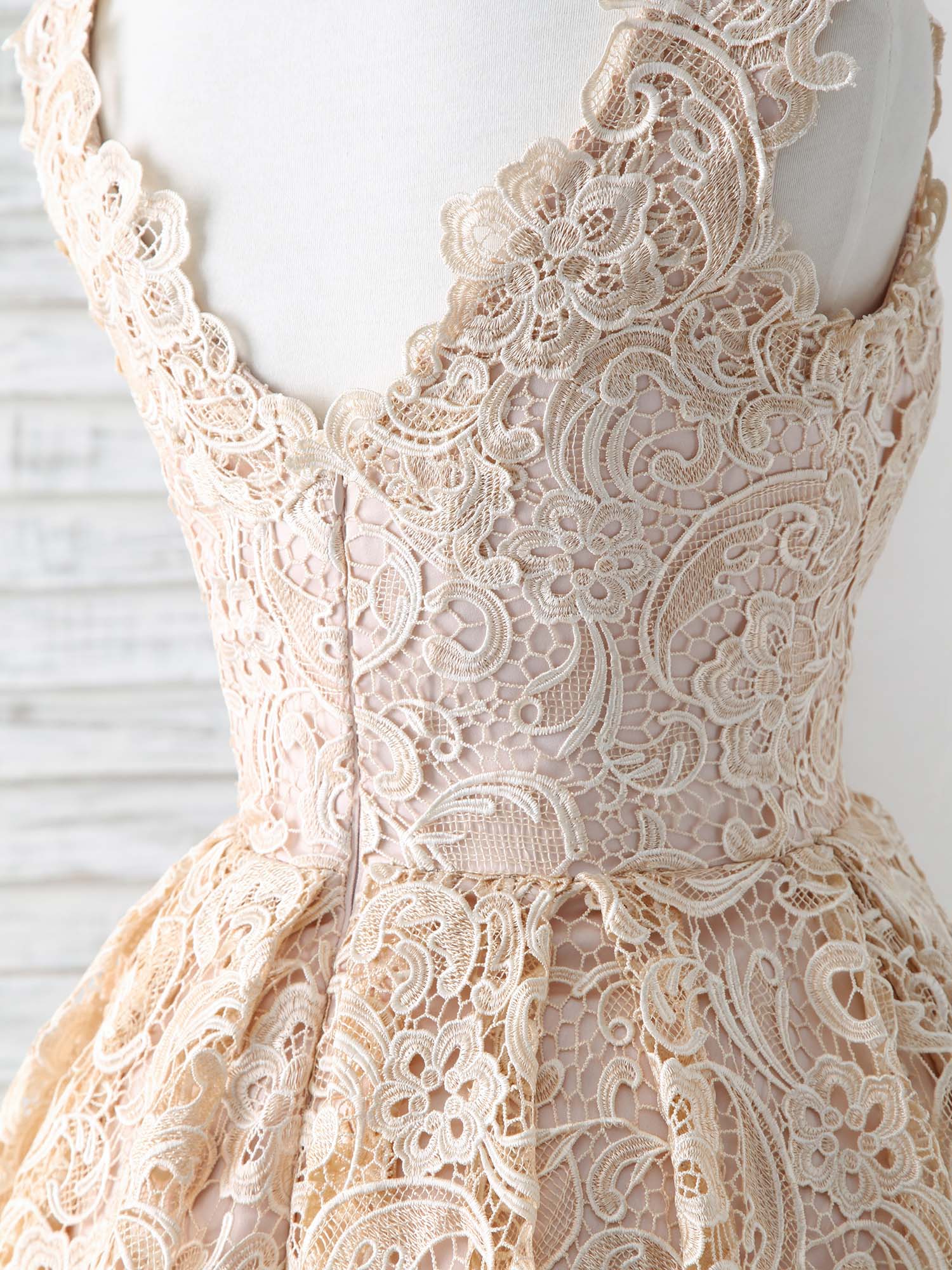 Elegant V-Neck Lace Champagne Short Prom Dress Bridesmaid Party Gown