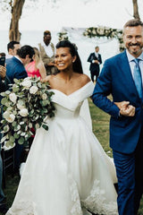 Elegant White V-Neck Off-Shoulder Lace Ball Gown Wedding Dress with Cathedral Train