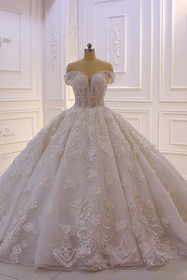 Elegant Off-the-Shoulder A-Line Wedding Dress with Long Sleeves Appliques Court Train