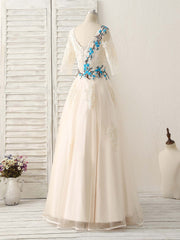 Elegant Lace Applique Tulle Long Prom Dress Light Champagne Bridesmaid Gown