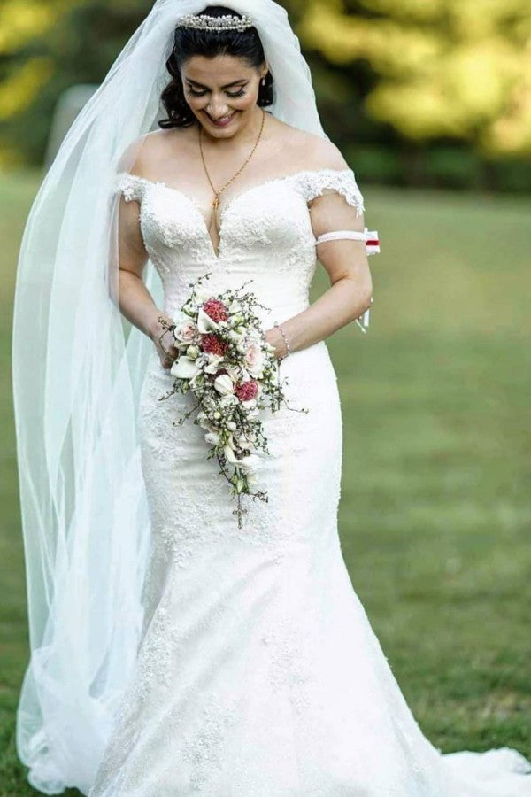 Elegant A-Line V-Neck Lace Tulle Long Wedding Dress Bridal Gown