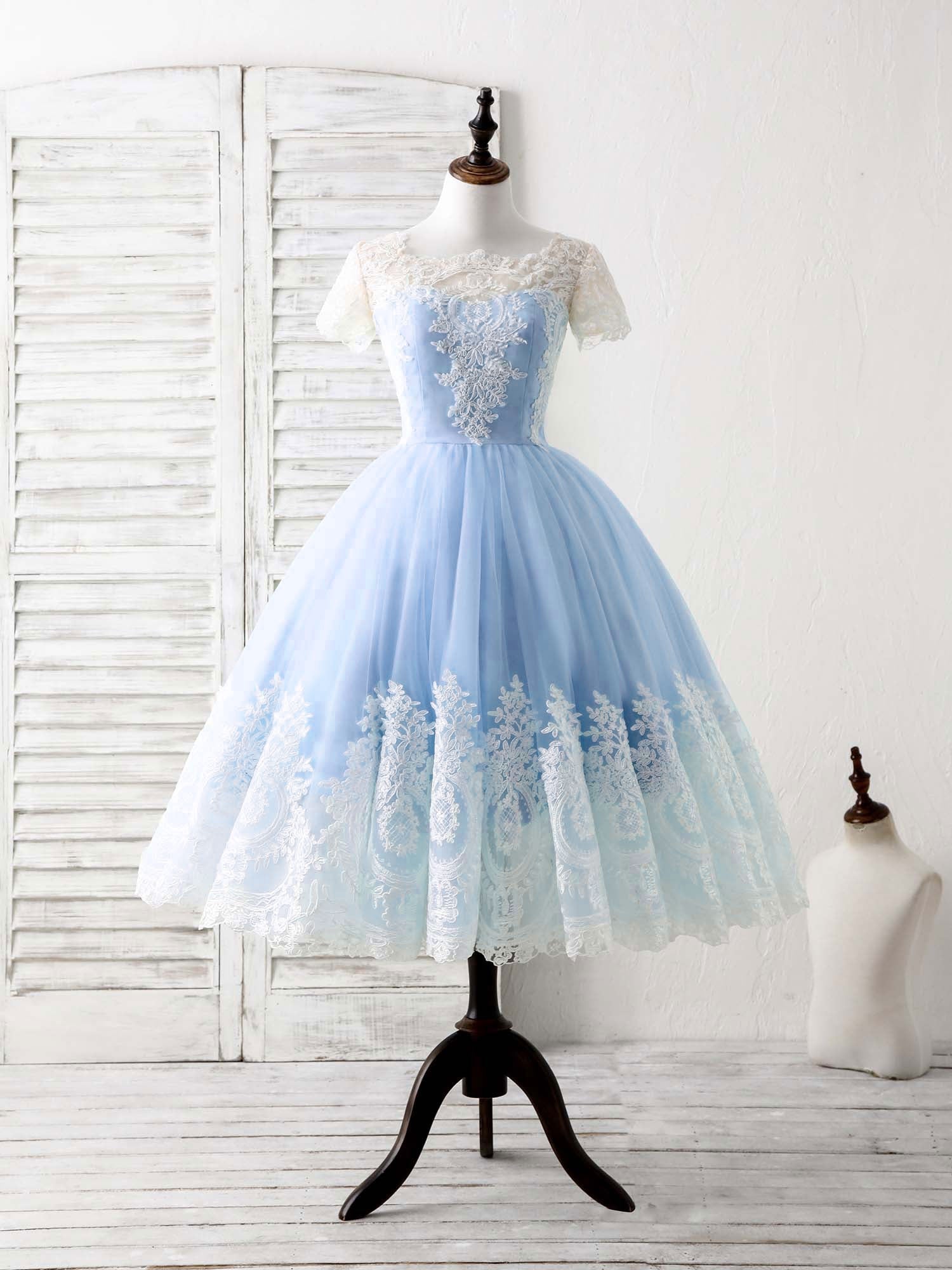 Elegant Blue Tulle Lace Short Prom Dress Bridesmaid Gown