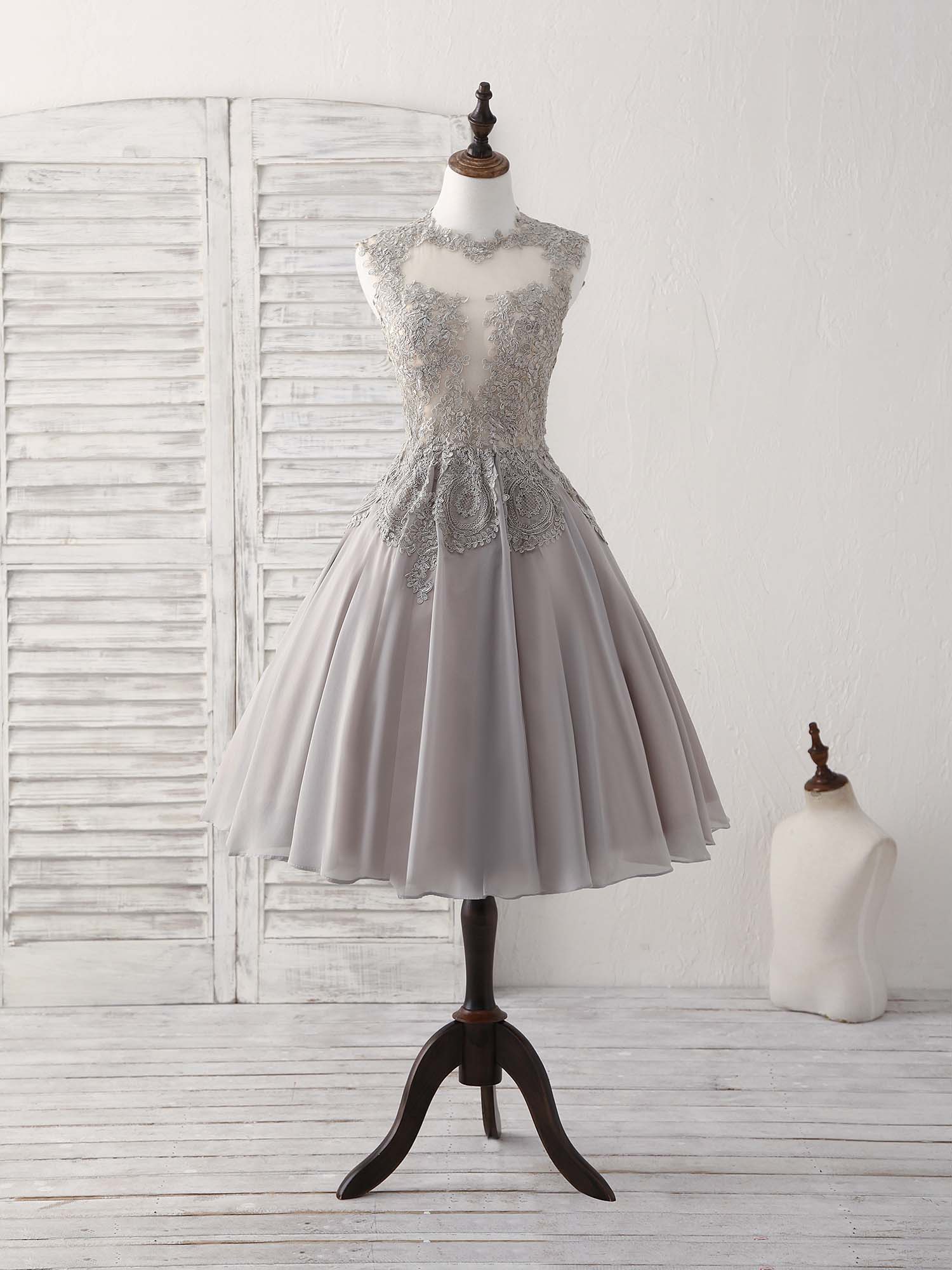 Elegant High-Neck Gray Lace Chiffon Short Prom Dress Bridesmaid Gown