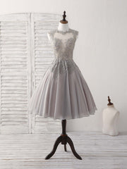 Elegant High-Neck Gray Lace Chiffon Short Prom Dress Bridesmaid Gown