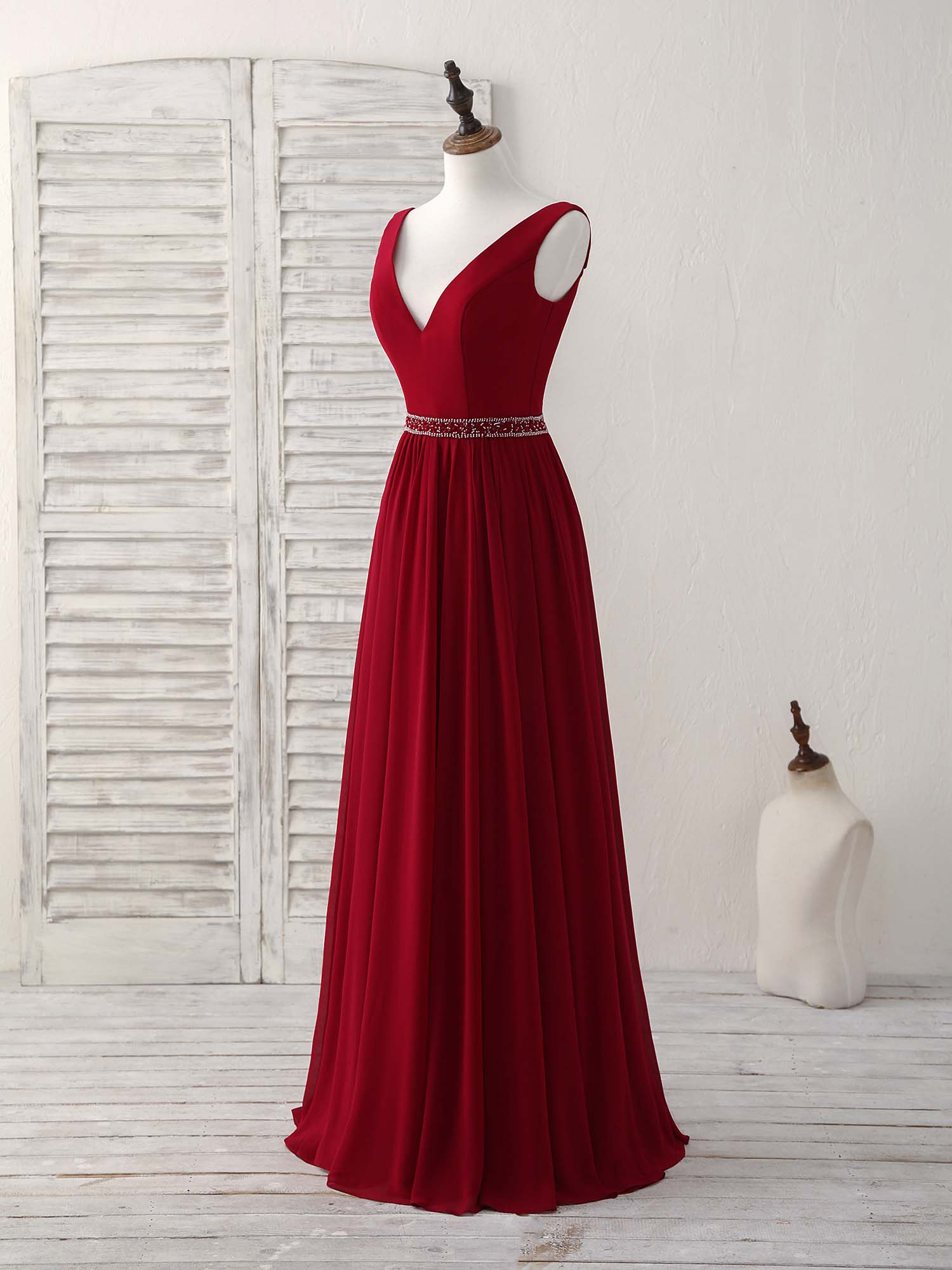 burgundy chiffon prom dress Spaghetti Straps V-neck Chiffon Burgundy Long Prom Dresses With Split