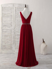 Elegant Burgundy Chiffon V-Neck Beaded Long Prom Evening Dress for Women