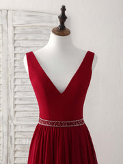 Elegant Burgundy Chiffon V-Neck Beaded Long Prom Evening Dress for Women
