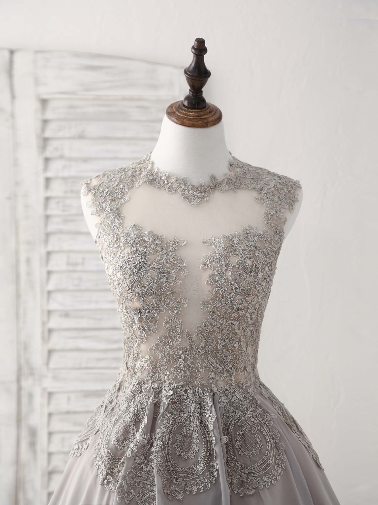 Elegant High-Neck Gray Lace Chiffon Short Prom Dress Bridesmaid Gown