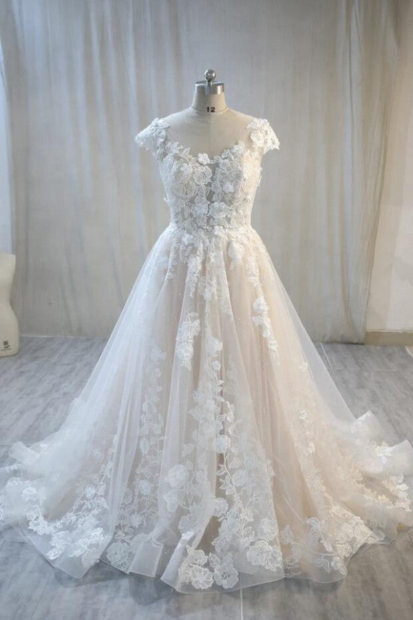 Elegant A-Line Bateau Backless Floor-Length Wedding Gown with Lace Tulle Appliques