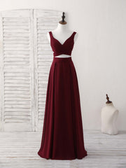 Elegant Two-Piece Burgundy Chiffon Long Prom Dress Evening Gown