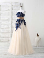 Elegant Dark Blue Lace Applique Tulle Long Prom Dress for Bridesmaids