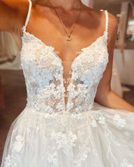 Lace Deep V-Neck Spaghetti Strap Backless A-Line Wedding Dress