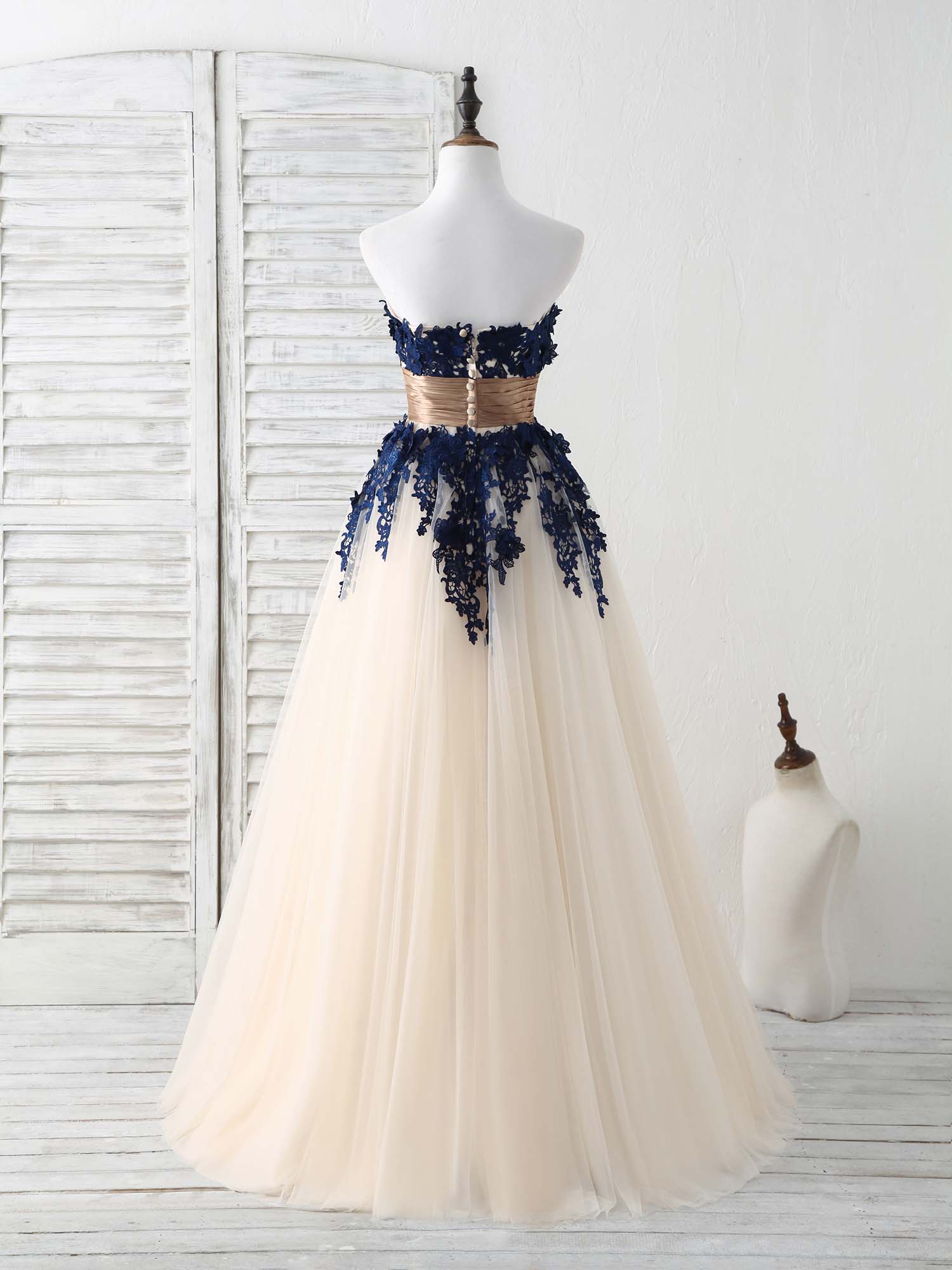 Elegant Dark Blue Lace Applique Tulle Long Prom Dress for Bridesmaids