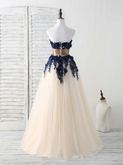 Elegant Dark Blue Lace Applique Tulle Long Prom Dress for Bridesmaids
