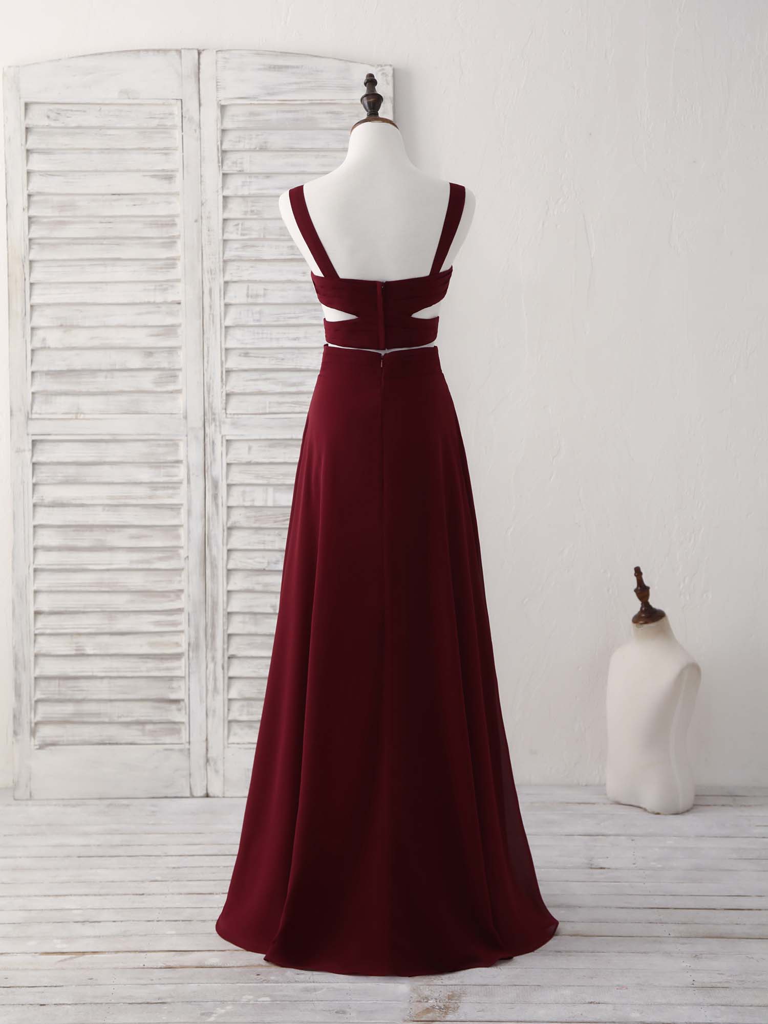 Elegant Two-Piece Burgundy Chiffon Long Prom Dress Evening Gown
