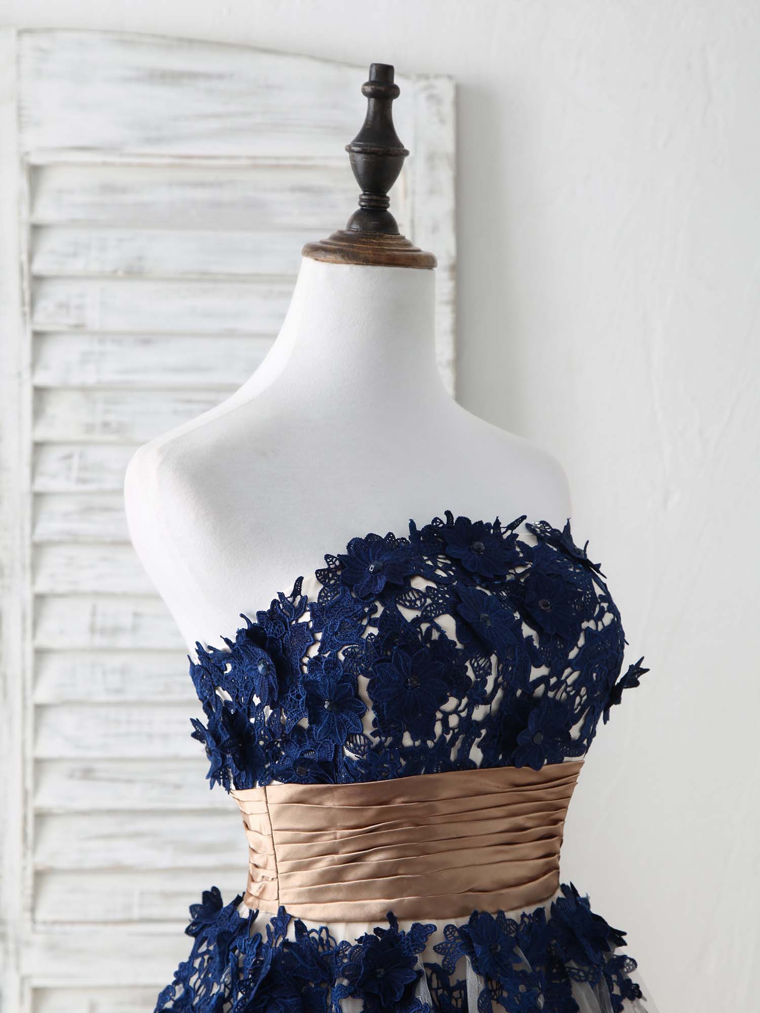 Elegant Dark Blue Lace Applique Tulle Long Prom Dress for Bridesmaids