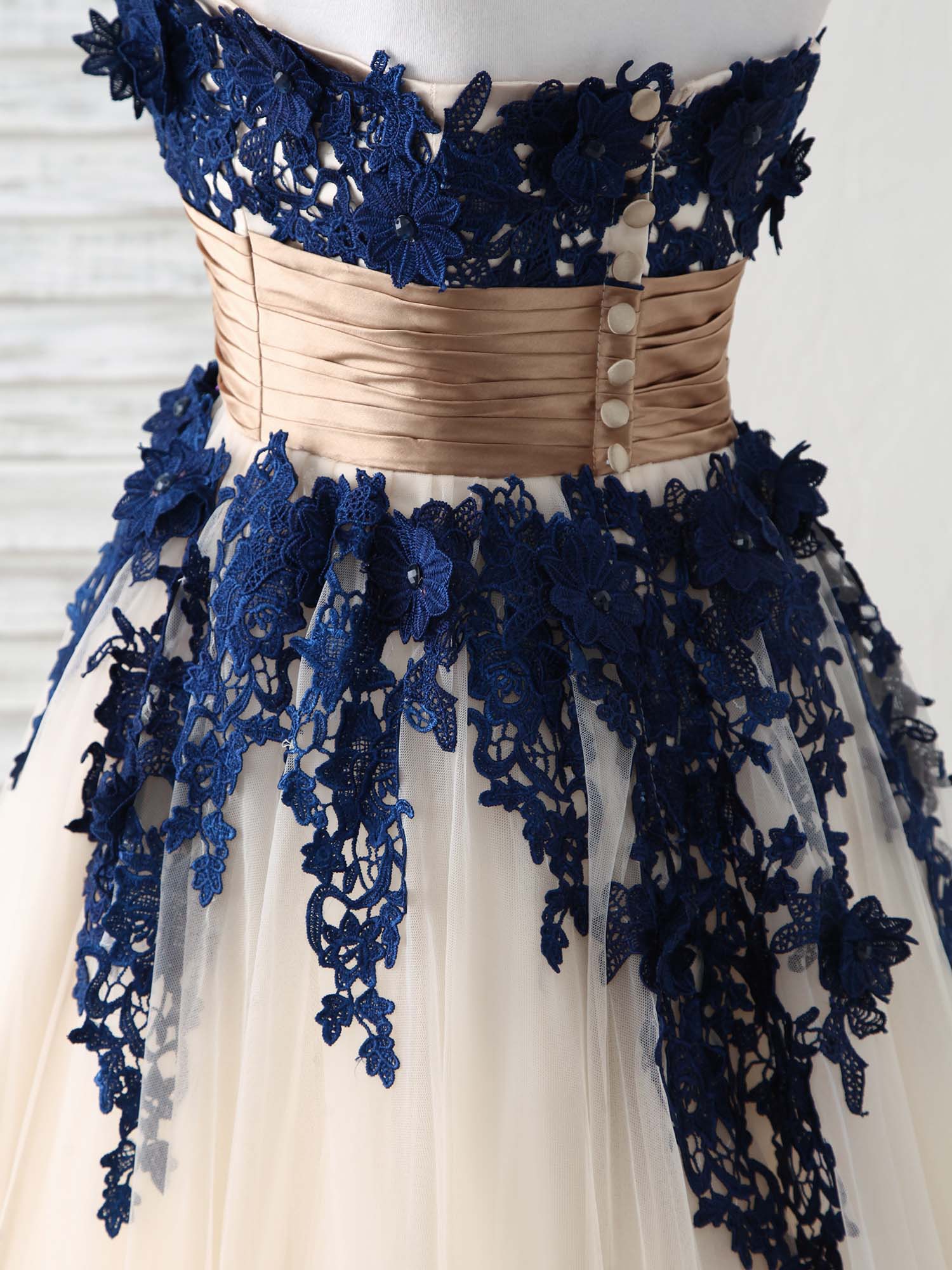 Elegant Dark Blue Lace Applique Tulle Long Prom Dress for Bridesmaids
