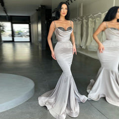 Elegant Silver Gray Spaghetti-Strap Sequin Mermaid Prom Dress for Special Occasions