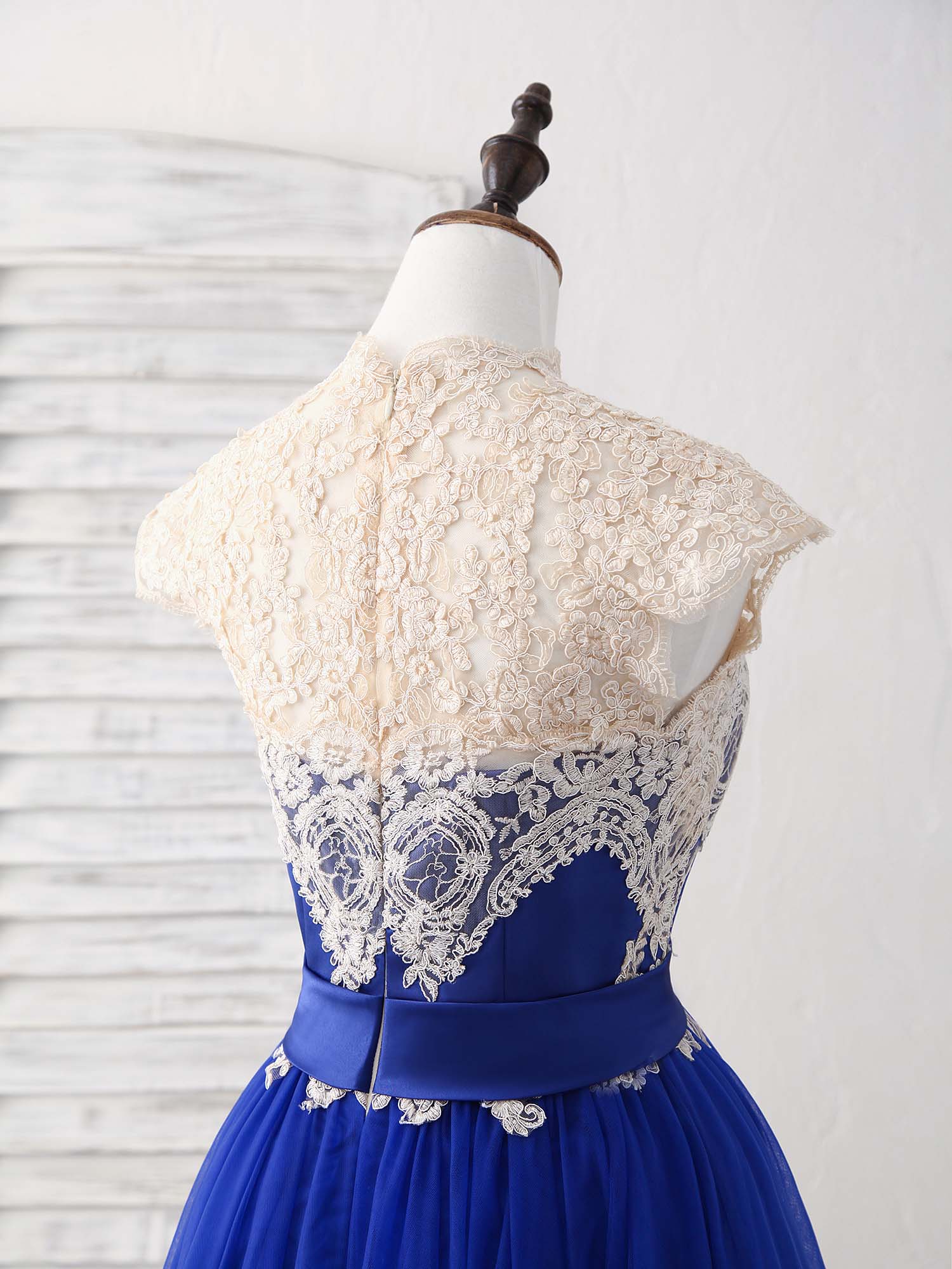 Elegant Blue Tulle Lace Applique Short Prom Dress Bridesmaid Gown