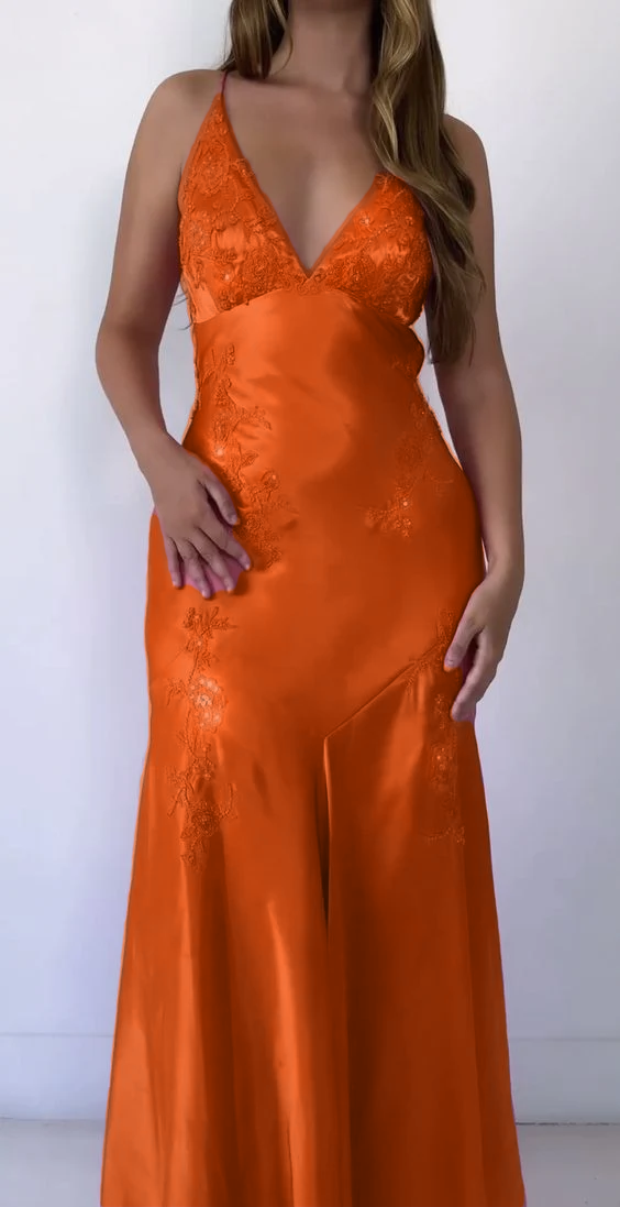 V Neck Long Prom Dress Evening Gown Satin Red Pink