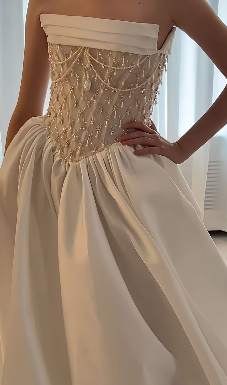 Elegant A-Line Strapless Satin Wedding Dresses with Beads and Lace