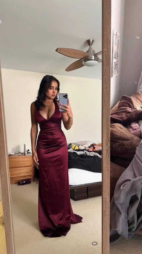 Burgundy V Neck Long Party Formal Prom Evening Wedding Dress